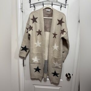 Baciano Open Long Cardigan Sweater Women’s S Star‎ Print Cream Boho Oversized